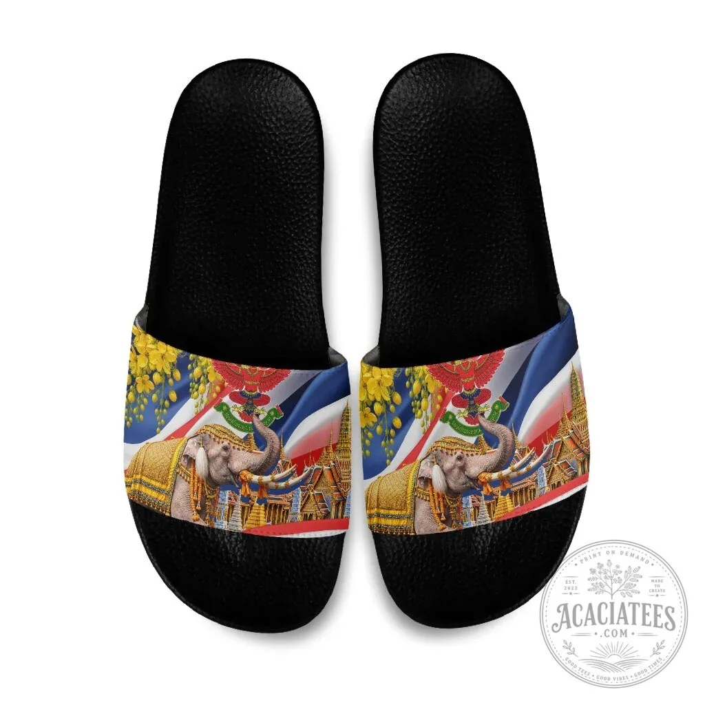Thailand Flag Golden Buddha Elephant Temple Garuda Art Slide Sandals
