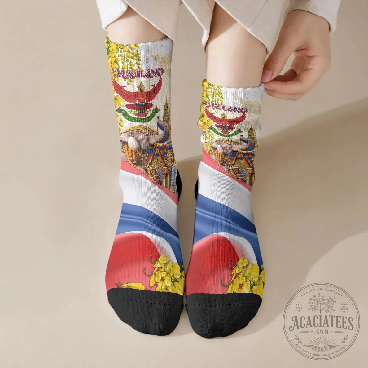 Thailand Golden Buddha Elephant Crew Socks Thai Culture Heritage Temple Ratchaphruek Art