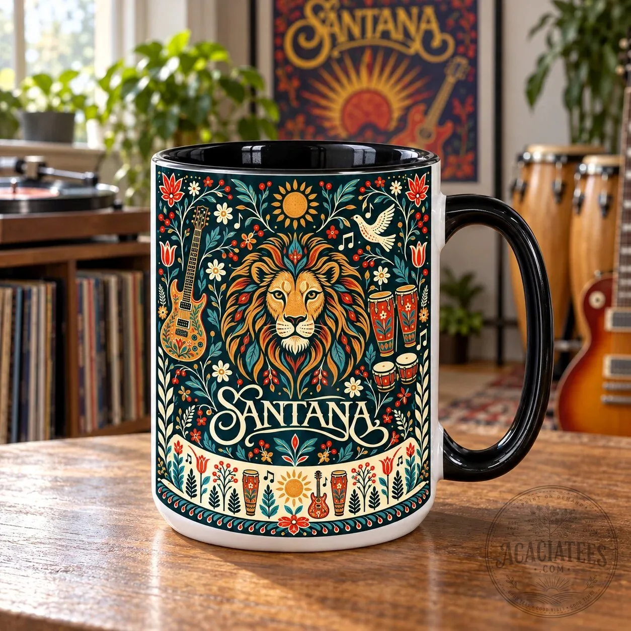 Santana Lion and Latin Percussion Folk Art Ceramic Coffee Mug