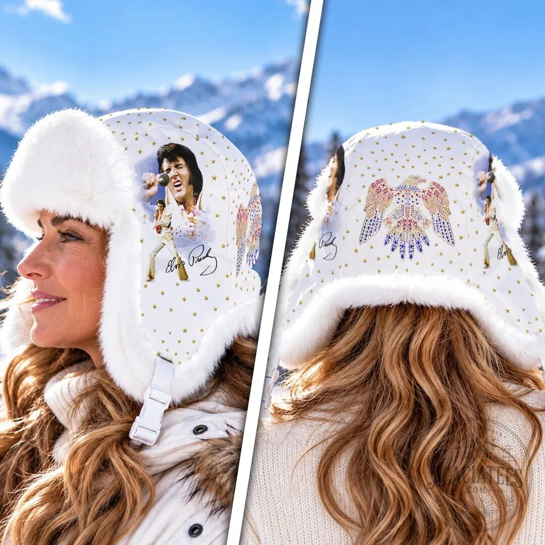 Elvis Presley White Trapper Hat with Faux Fur and Gold Stars