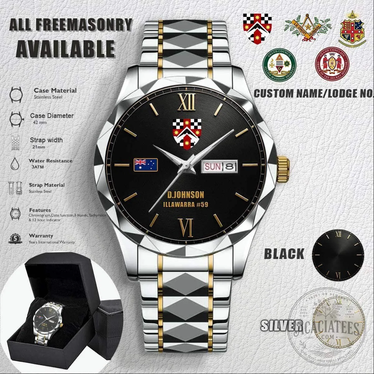 Custom Australian Freemasonry Stainless Steel Watch with Lodge Number