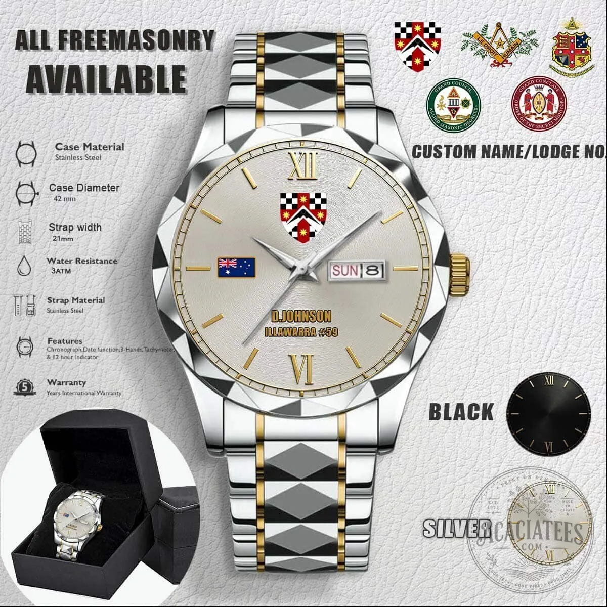 Custom Australian Freemasonry Stainless Steel Watch with Lodge Number 12 Custom Australian Freemasonry Stainless Steel Watch with Lodge Number