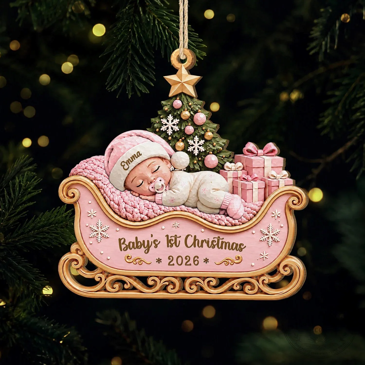 Personalized Baby's First Christmas Sleigh Ornament with Name and Year