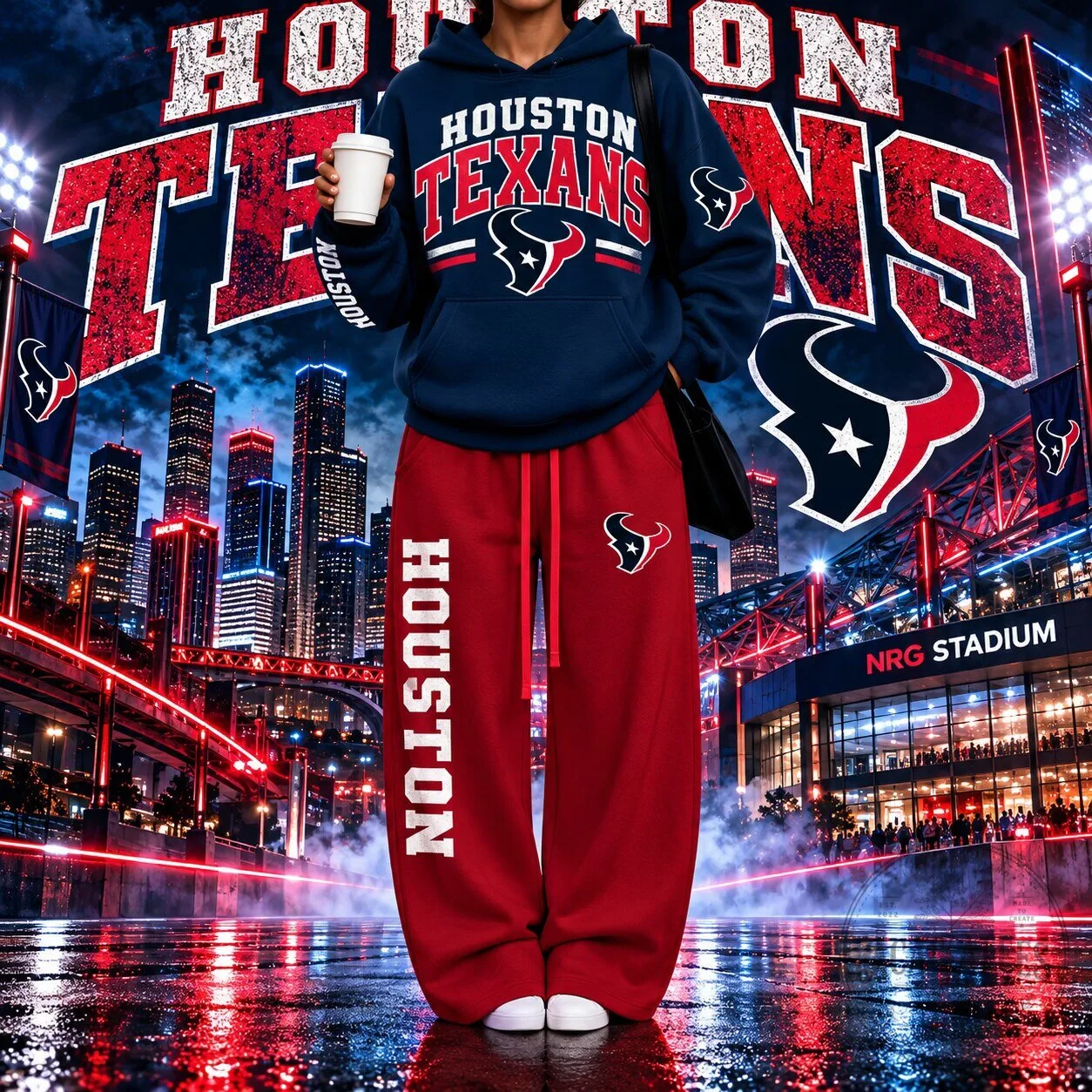 Houston Texans NFL Football Team Logo Navy Blue Hoodie and Red Sweatpants Set