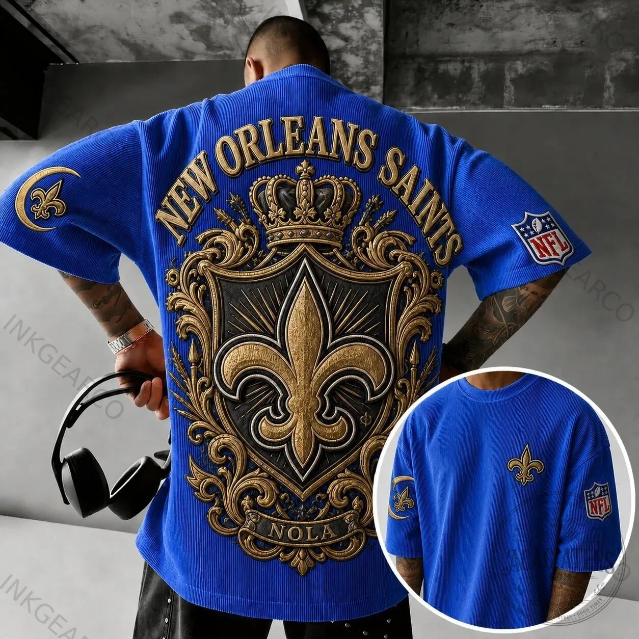 New Orleans Saints NFL Fleur De Lis Emblem Blue Corduroy Short Sleeve T-Shirt