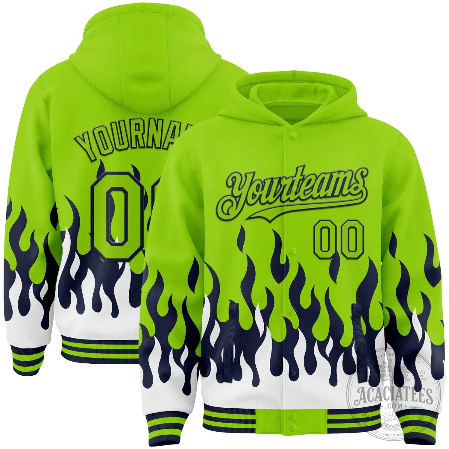 Neon Green Navy Blue White Fire Flame Bomber Full-Snap Varsity Letterman Hoodie Jacket