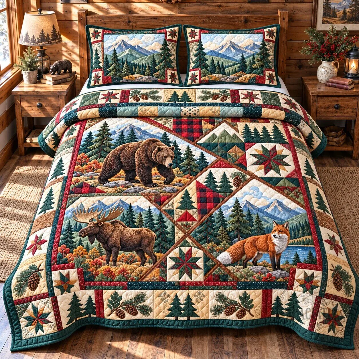 Rustic Woodland Spirit Bear Moose Fox Forest Mountains Quilted Bedding Set