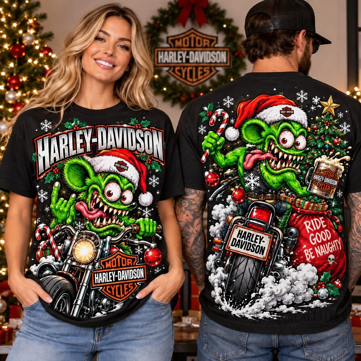 Christmas T-Shirt featuring Rat Fink on a Harley-Davidson Motorcycle