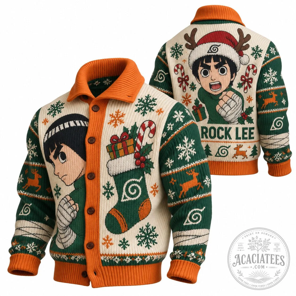 Rock Lee Naruto Anime Christmas Holiday Ugly Sweater Cardigan