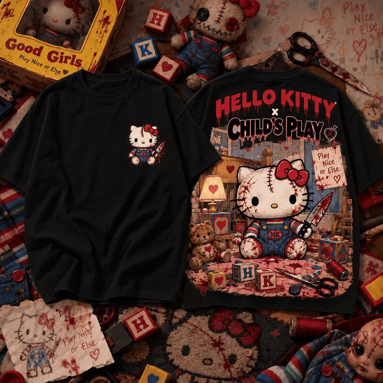 Hello Kitty Chucky Child's Play Horror Movie Halloween Graphic T-Shirt