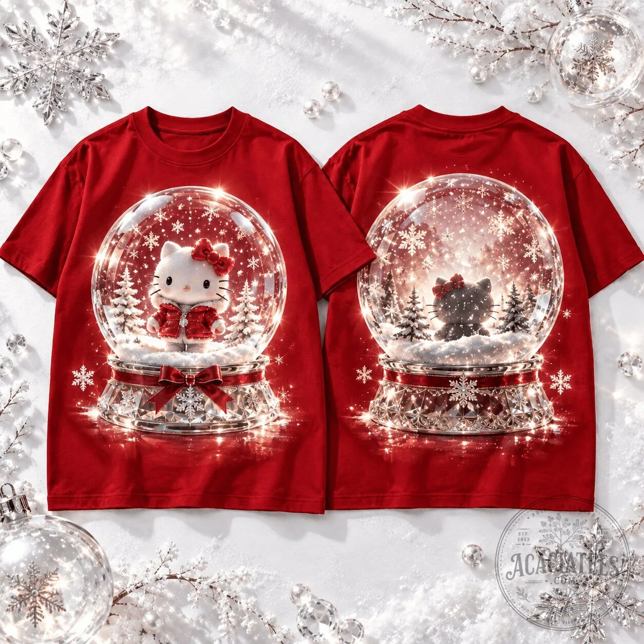 Red T-Shirt featuring Hello Kitty in a Christmas Snow Globe Winter Wonderland