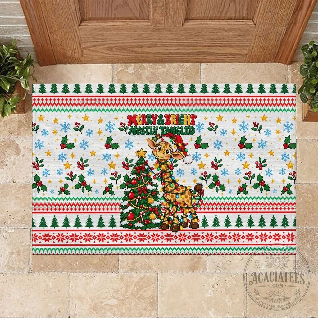Christmas Giraffe Merry and Bright Mostly Tangled Holiday Doormat