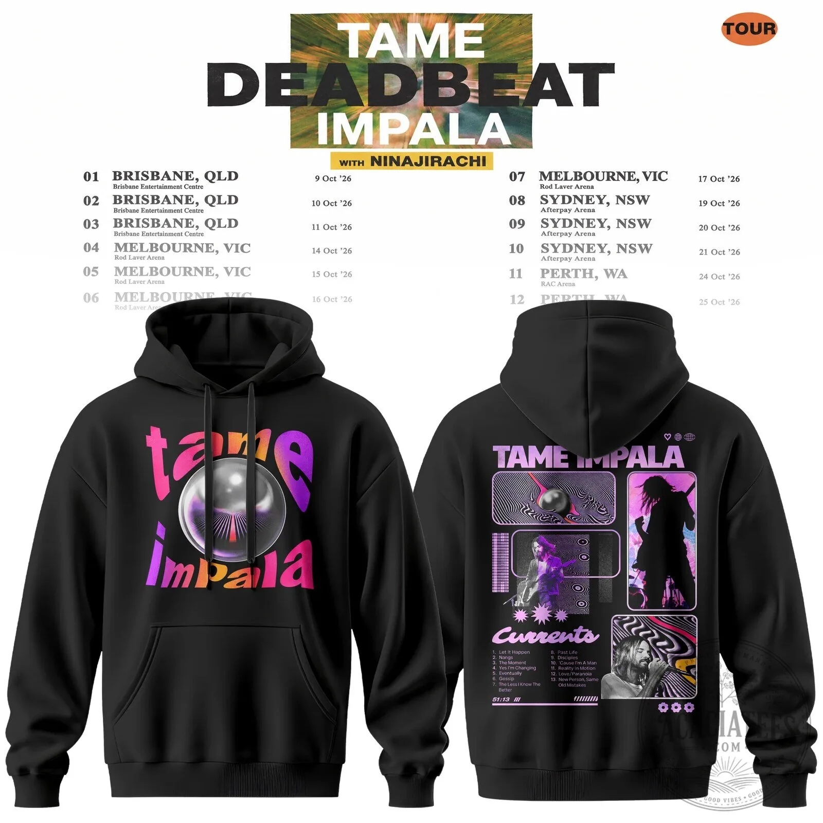 Tame Impala Deadbeat Australia Tour 2026 Black Concert Hoodie