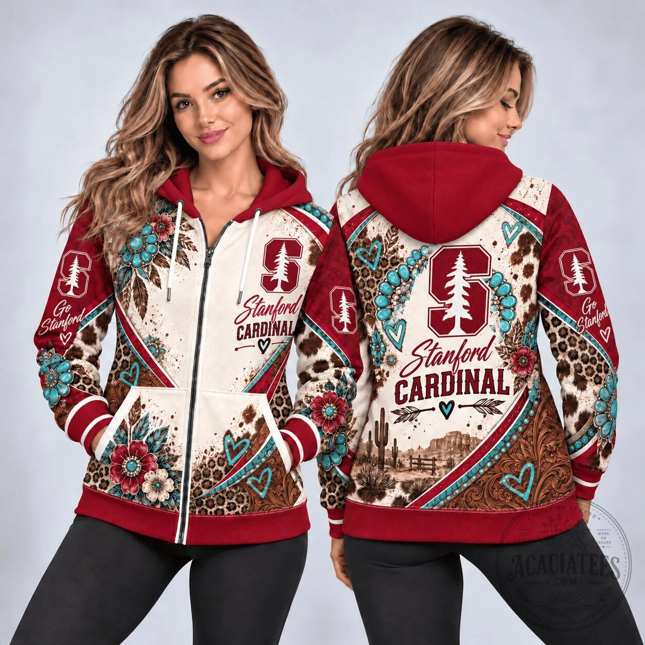 Stanford Cardinal Western Boho Style Full Zip Hoodie for Women