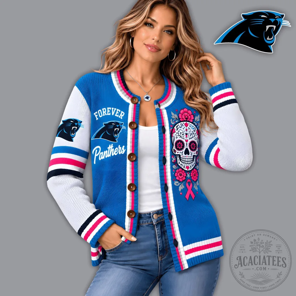 Carolina Panthers Forever Panthers Floral Skull Knit Cardigan for Women