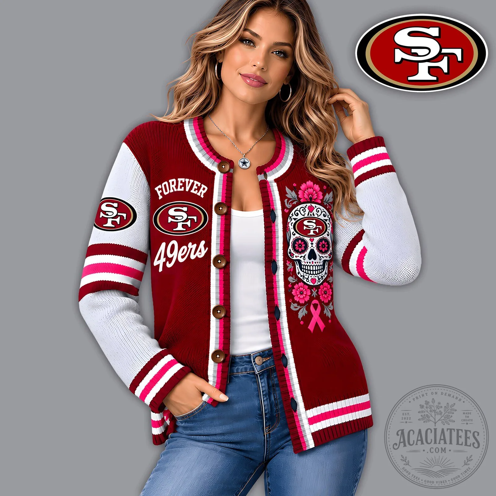 San Francisco 49ers Floral Skull Knit Cardigan for Women