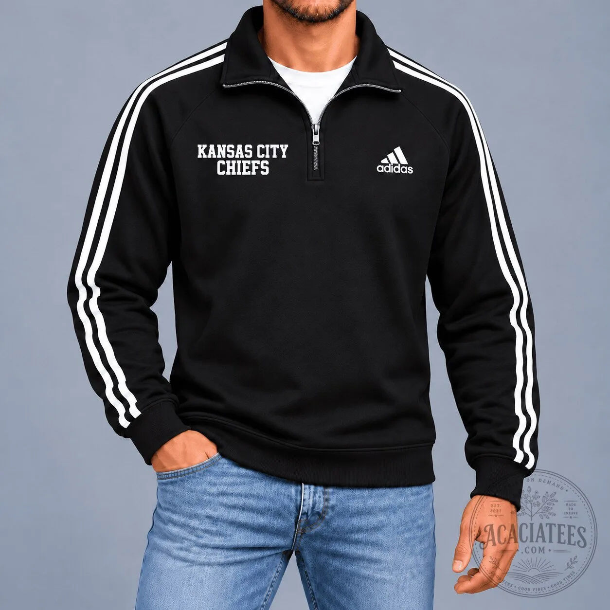 Kansas City Chiefs Adidas Black and White Stripe Quarter-Zip Sweatshirt