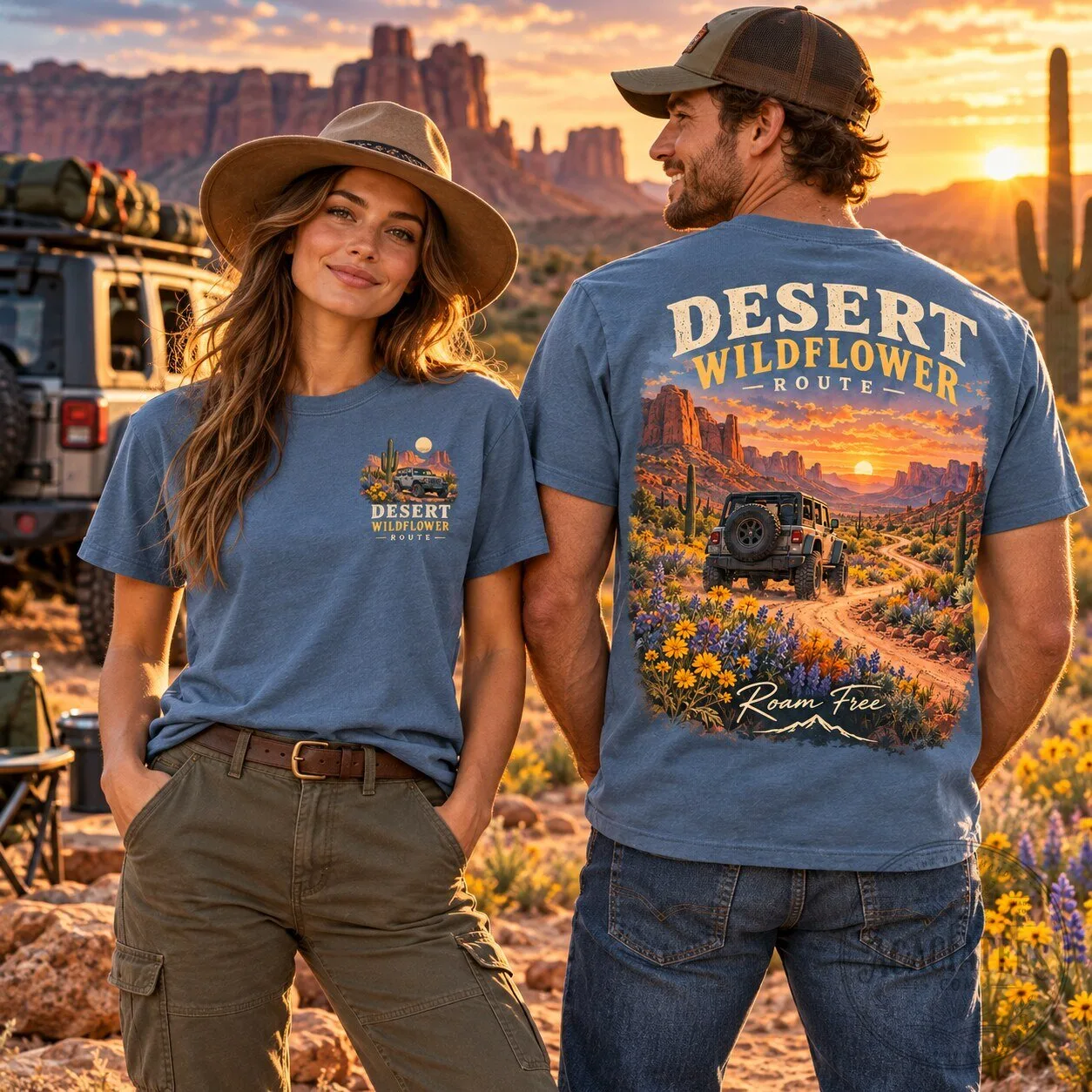 Desert Wildflower Route Roam Free Jeep Off-Roading T-Shirt