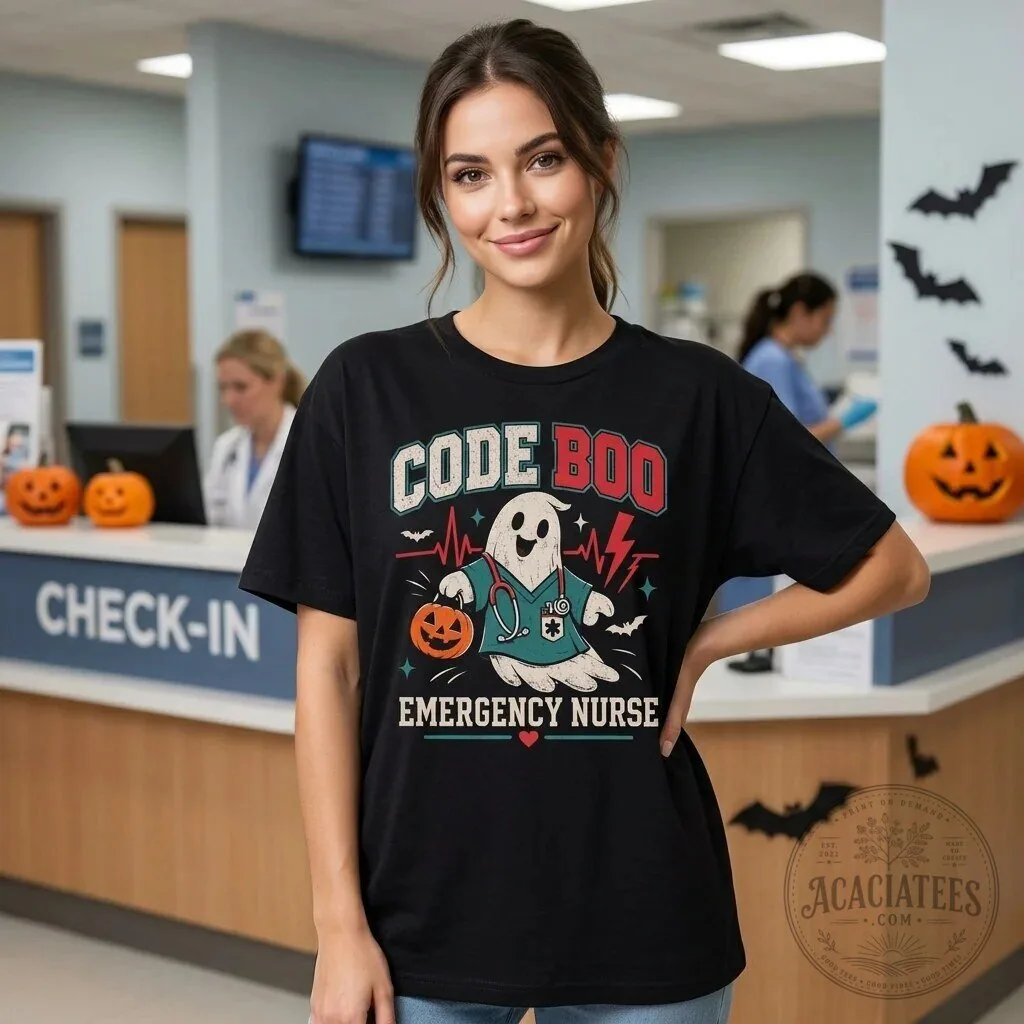 Code Boo Emergency Nurse Halloween Ghost Doctor Medical Professional T-Shirt