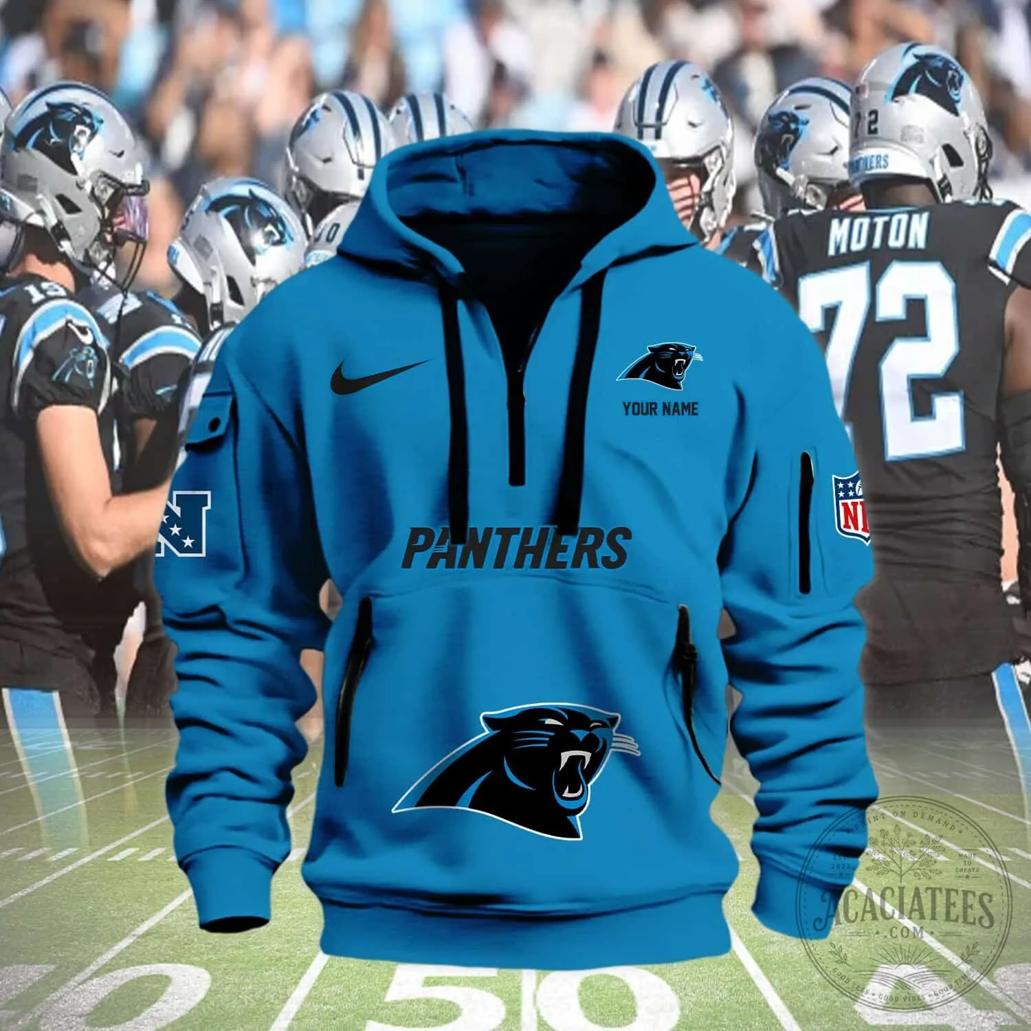 Carolina Panthers NFL Football Team Custom Name Blue Half-Zip Hoodie