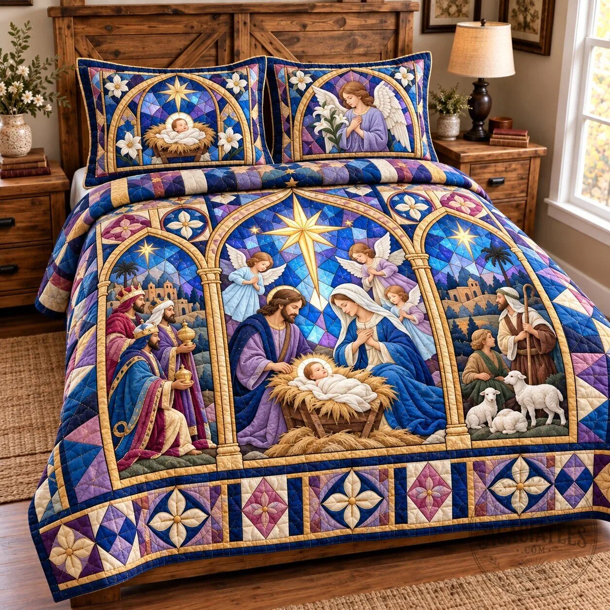 Nativity Stained Glass Christmas Holy Family Quilted Bedding Set