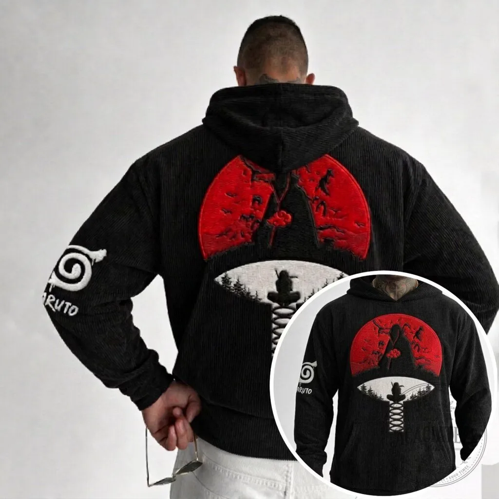 Naruto Akatsuki Red Moon Embroidered Black Corduroy Hoodie