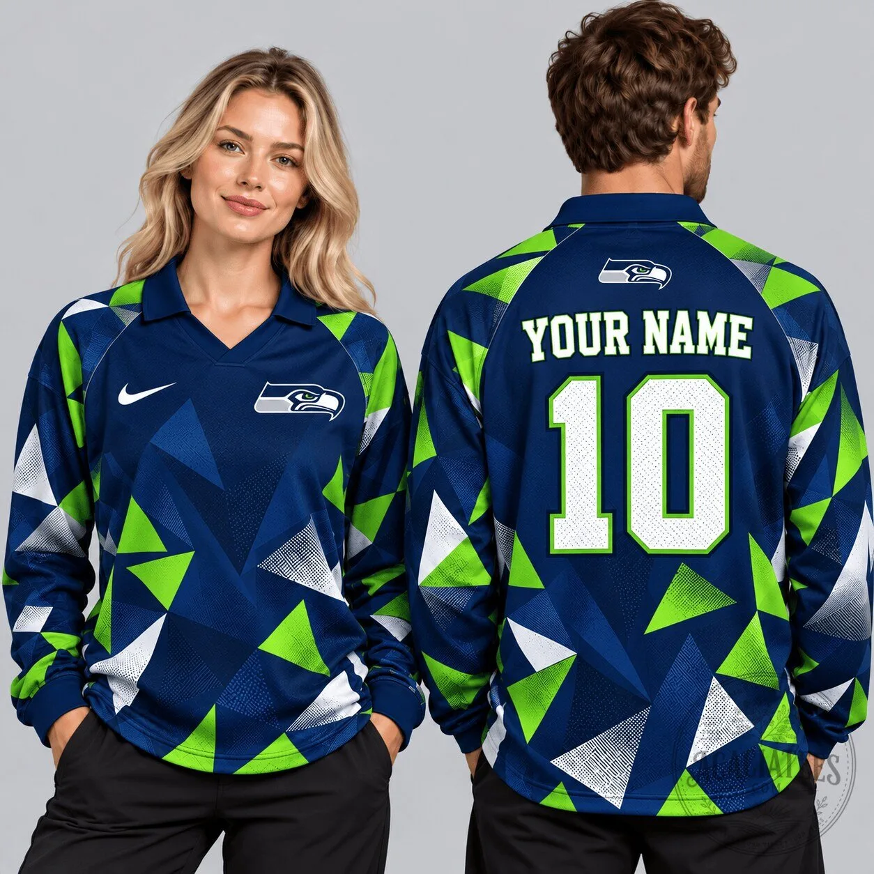 Seattle Seahawks NFL Abstract Triangle Camo Custom Name Number Long Sleeve Polo Shirt