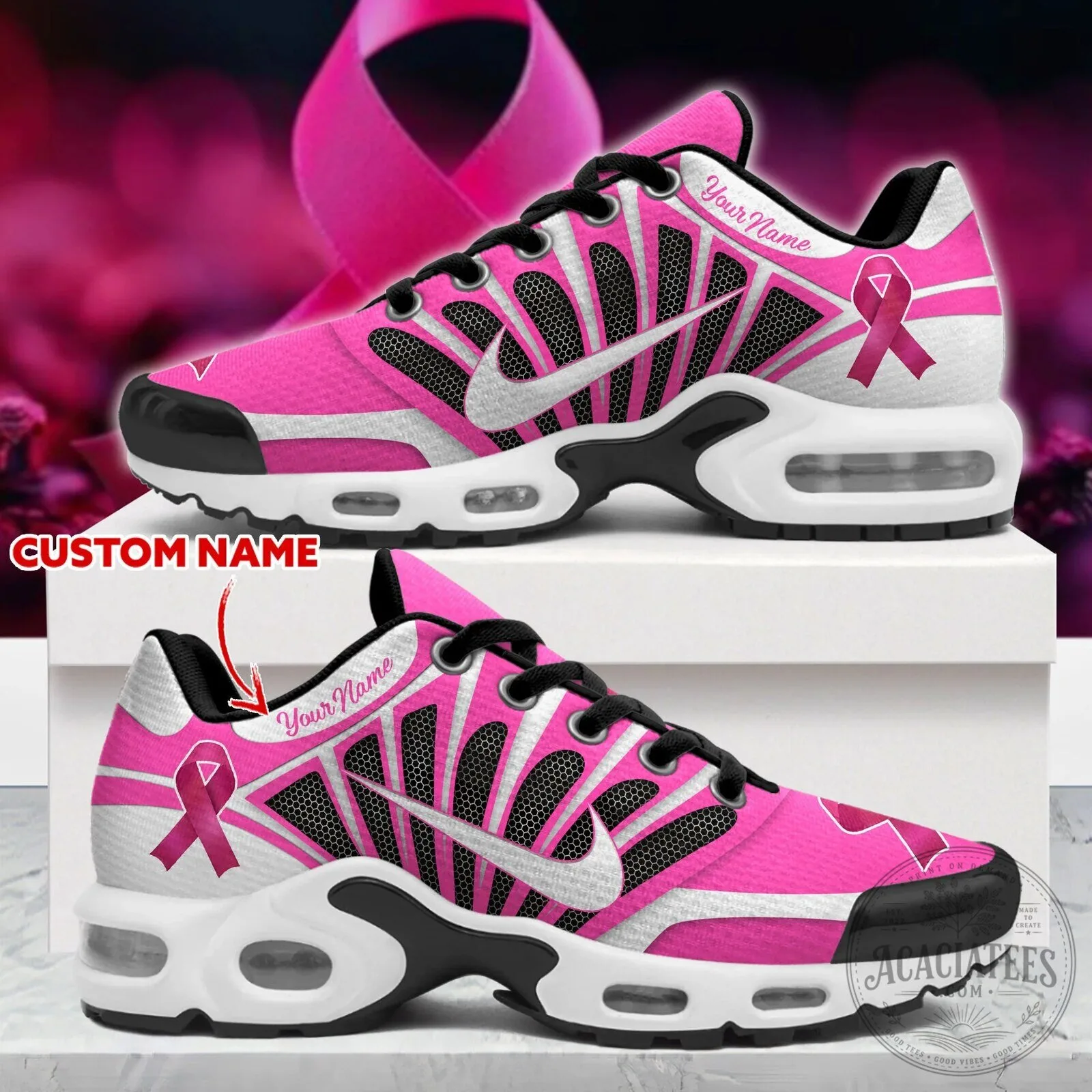 Personalized Running Shoes with Pink Ribbon for Breast Cancer Awareness - Custom Name Sneakers