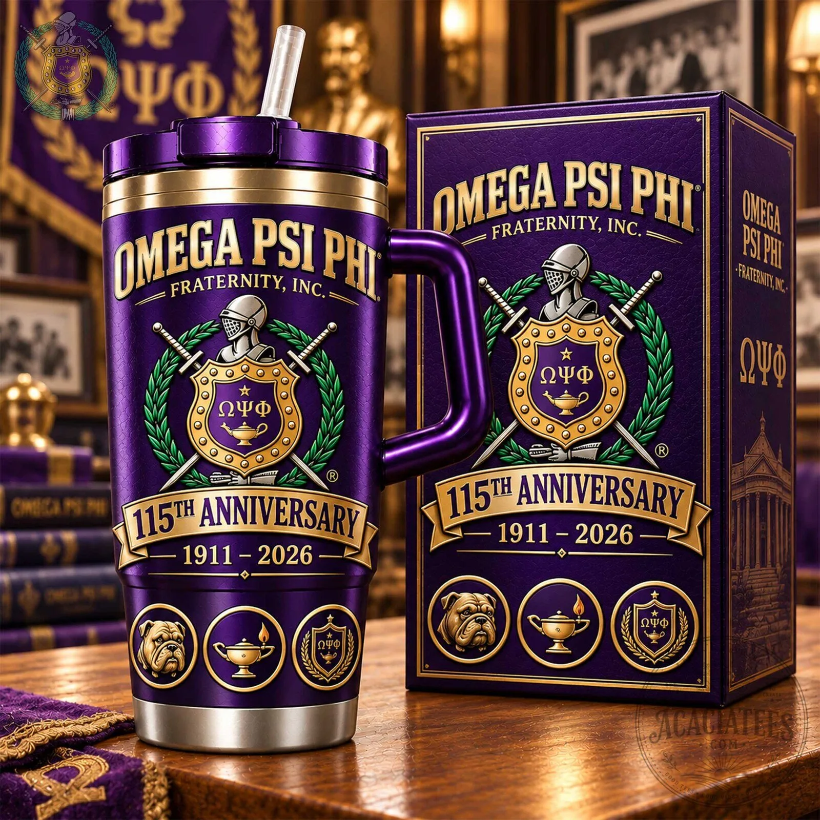 Stainless Steel Tumbler with Handle for Omega Psi Phi Fraternity's 115th Anniversary