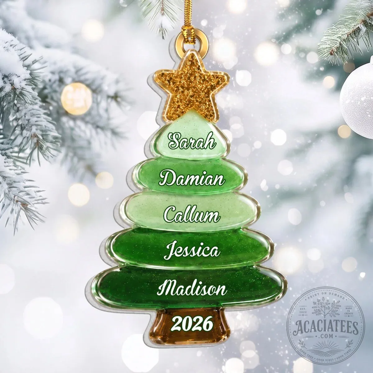 Personalized Green Sea Glass Family Tree Christmas Ornament with Custom Names