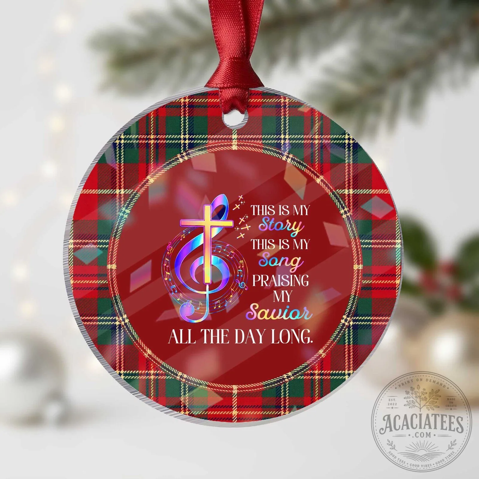This Is My Story This Is My Song Christian Treble Clef Cross Plaid Acrylic Ornament
