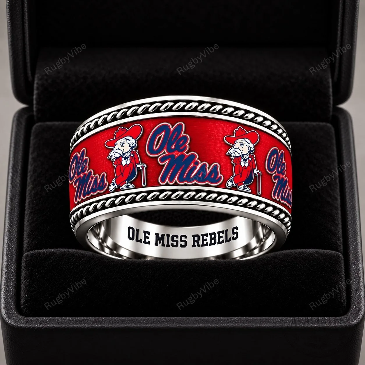 Ole Miss Rebels Colonel Reb Mascot Red Silver Tone Engraved Ring