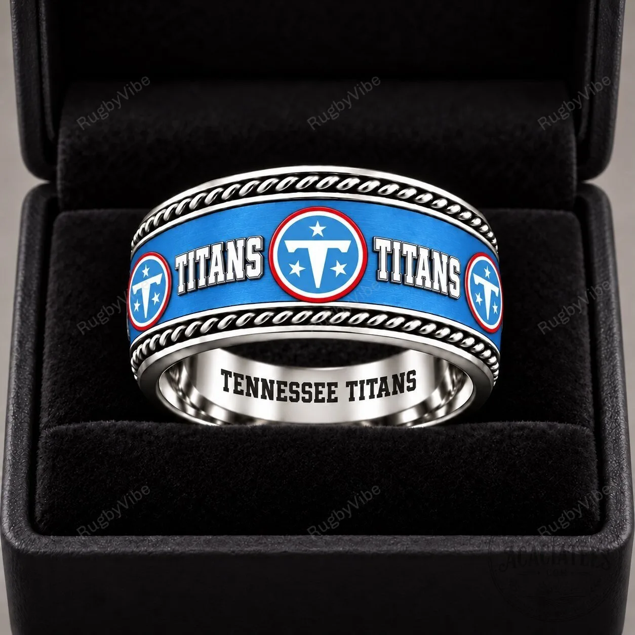 Tennessee Titans Football Team Logo Blue and Silver Engraved Ring