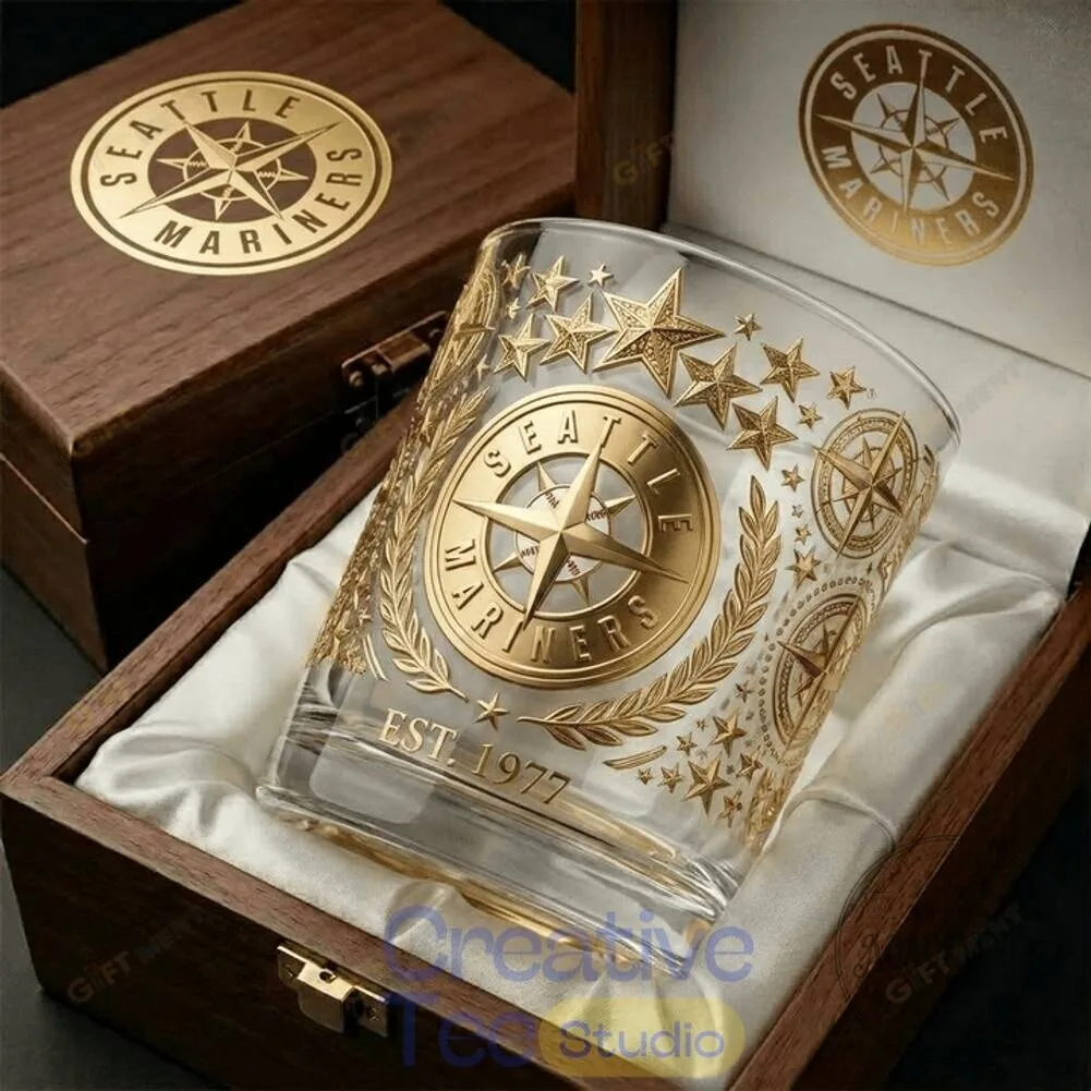 Seattle Mariners Compass Rose Gold Stars Whiskey Glass with Wooden Box