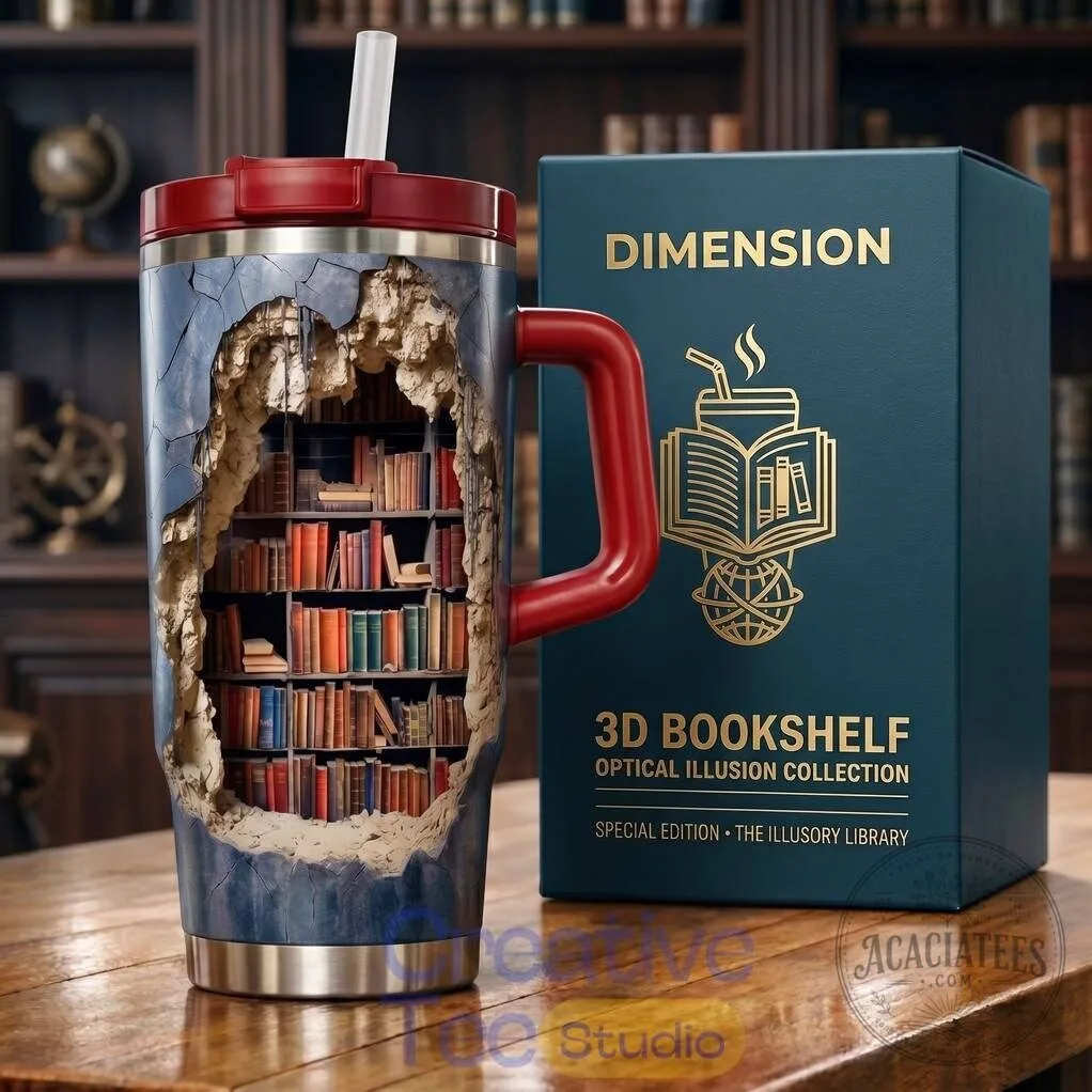 3D Bookshelf Optical Illusion Library Design Insulated Tumbler with Handle