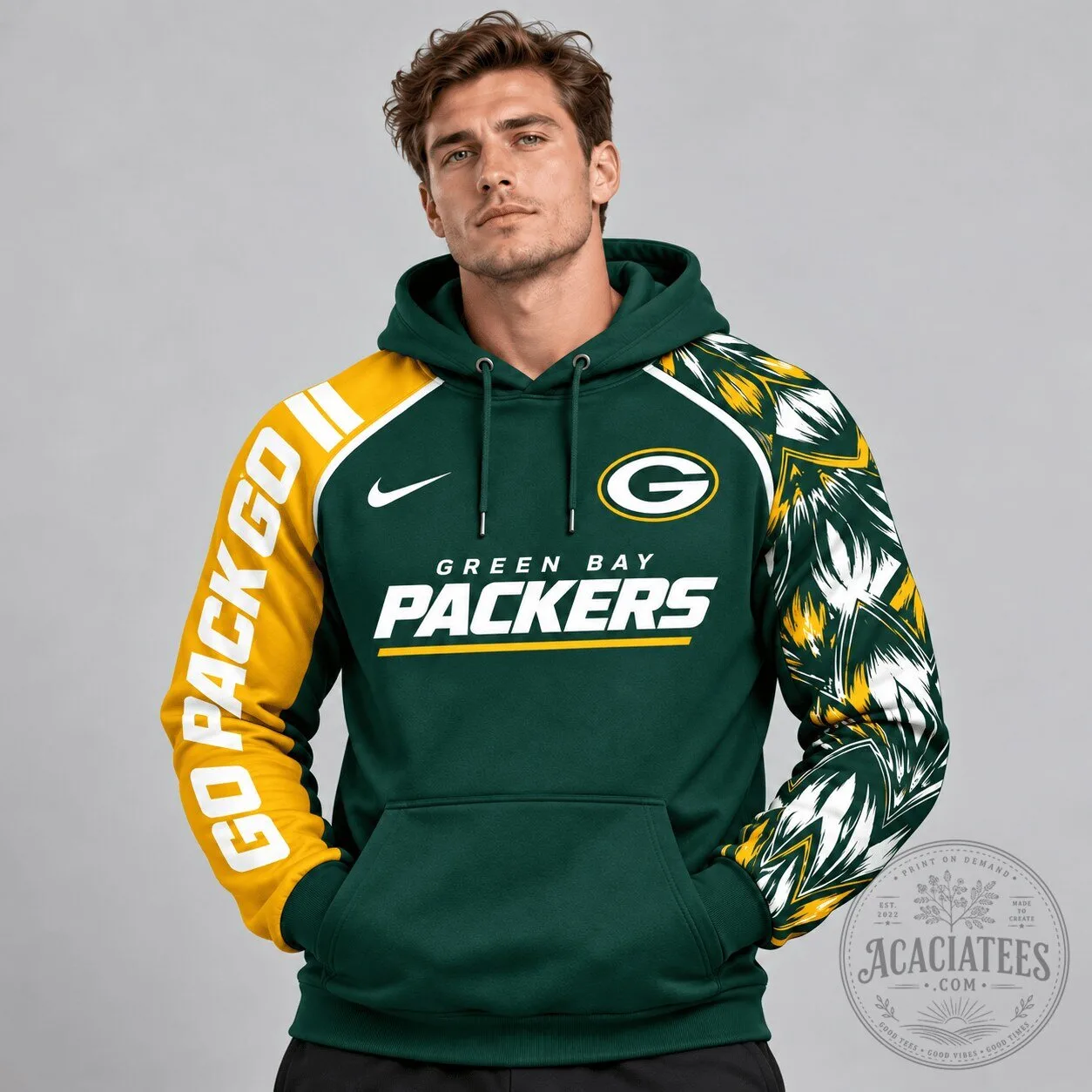 Pullover Hoodie with Asymmetric Sleeves and Brushstroke Graphic for Green Bay Packers Fans
