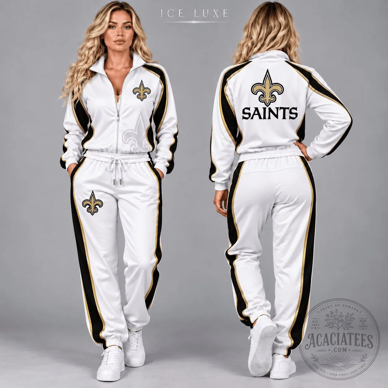 New Orleans Saints NFL Football Team White Tracksuit Hoodie and Joggers Set