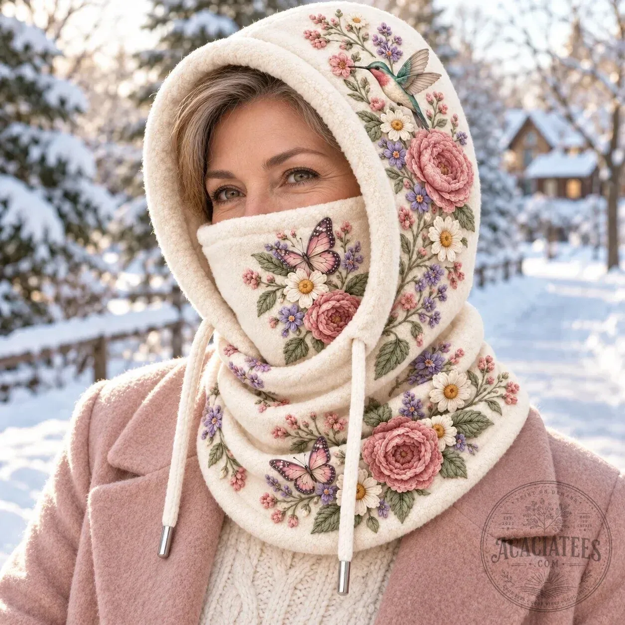 Embroidered Floral Hummingbird Butterfly Winter Hooded Scarf with Face Cover