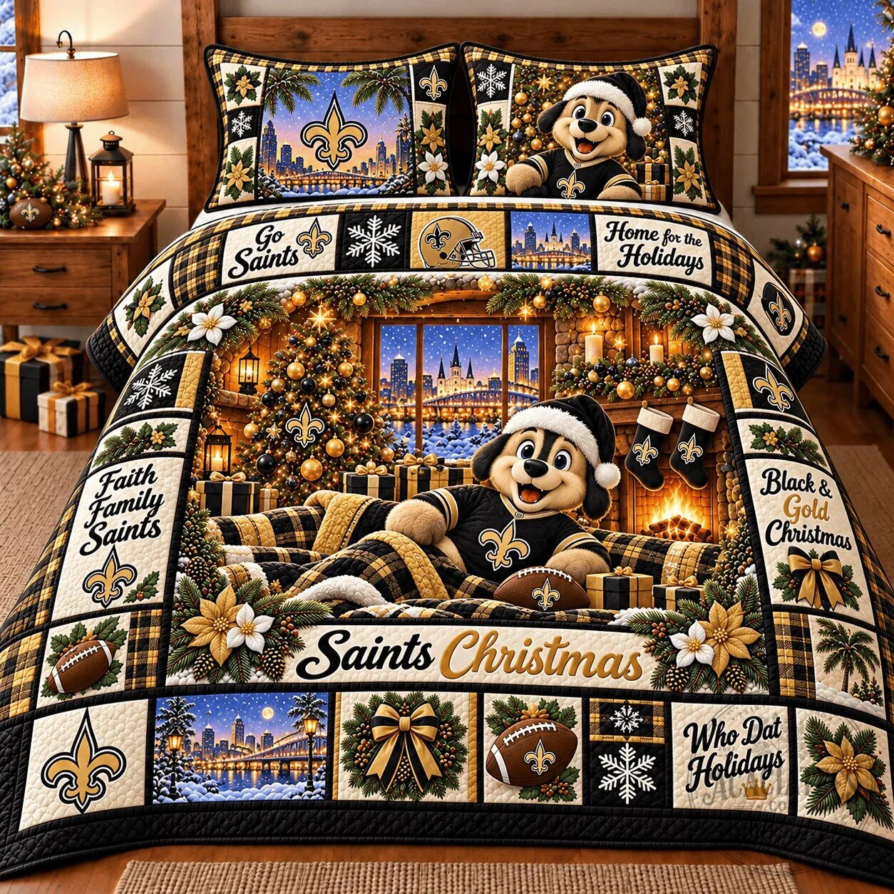 New Orleans Saints Christmas Holiday Quilted Bedding Set for Football Fans