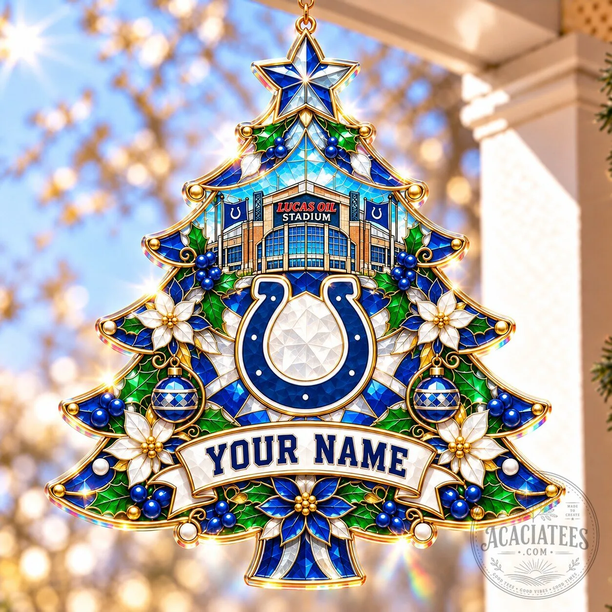 Indianapolis Colts Christmas Tree Suncatcher with Lucas Oil Stadium Design