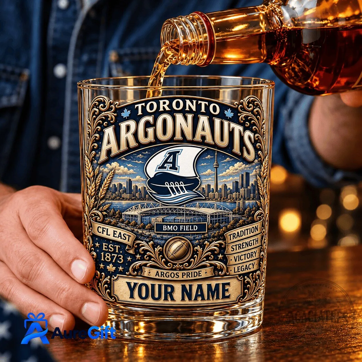 Toronto Argonauts CFL Personalized Whiskey Glass with BMO Field Skyline