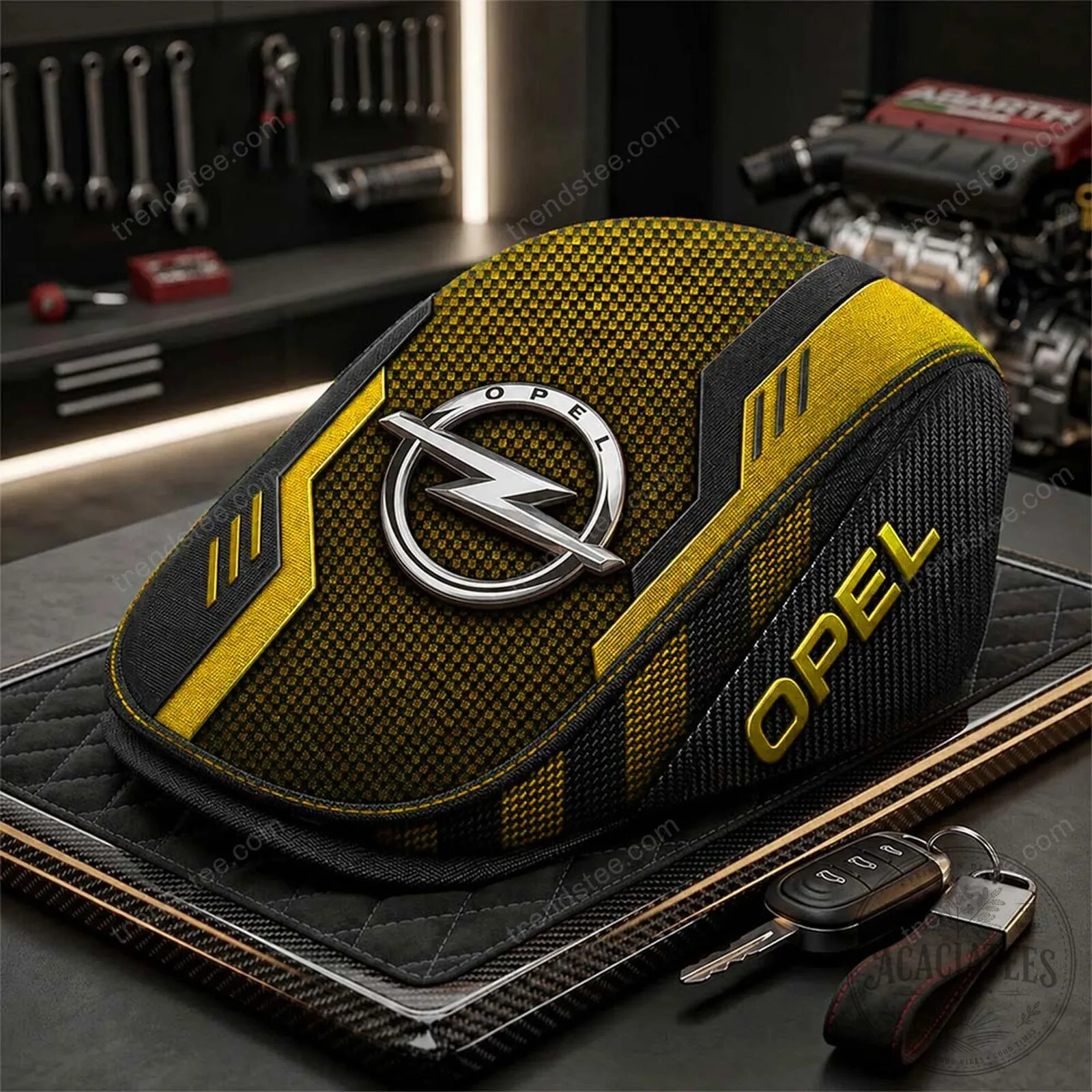Opel Car Logo Black and Yellow Driver Flat Cap Hat for Auto Enthusiasts
