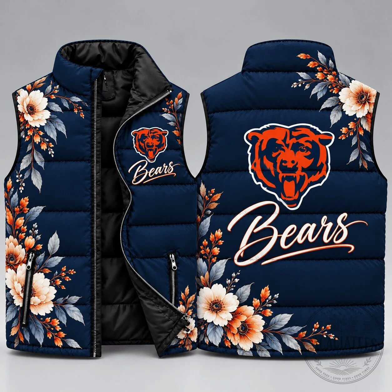 Chicago Bears Floral Elegance Sleeveless Puffer Jacket for Women