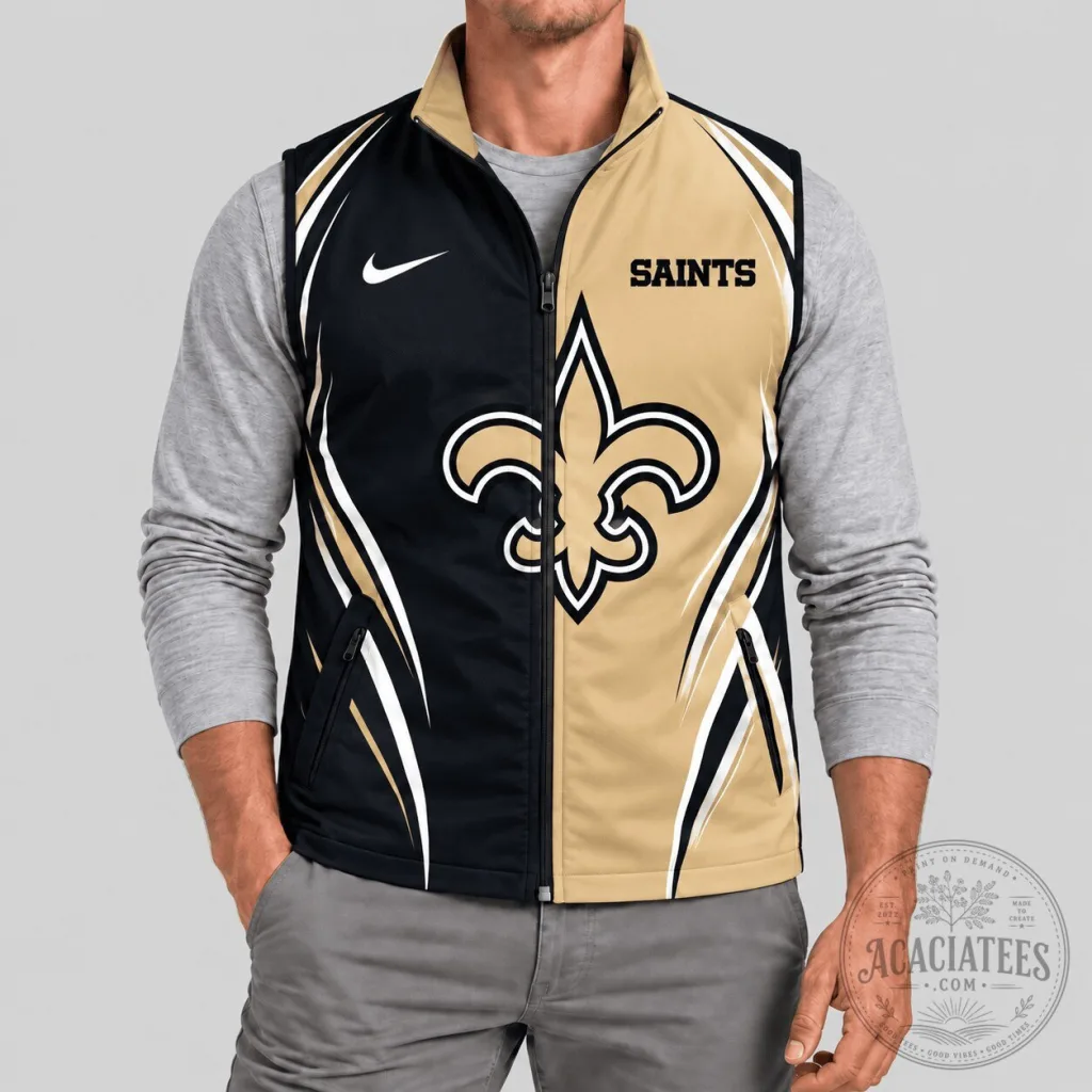 New Orleans Saints NFL Football Team Black and Gold Full-Zip Vest for Men New Orleans Saints NFL Football Team Black and Gold Full-Zip Vest for Men